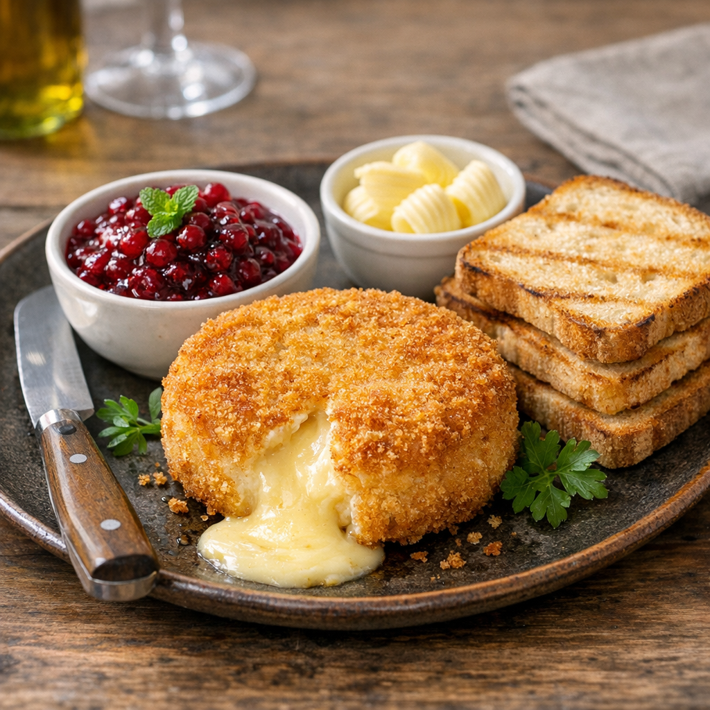 Gebackener Camembert mit Preiselbeerpfrisch, Toast und Butter