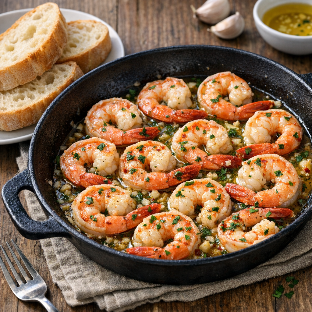 1 Dutzend Garnelen in Knoblauchbutter, dazu Baguette