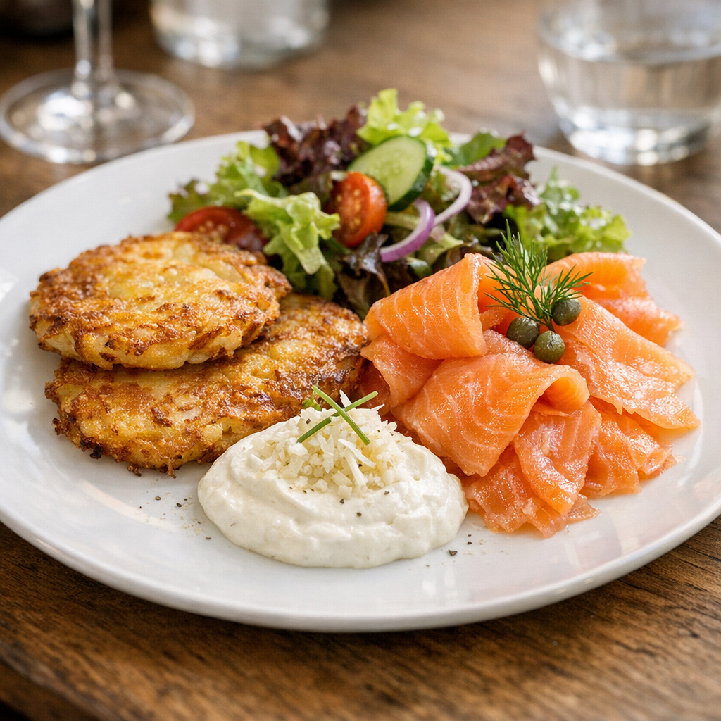 Norwegischer Räucherlachs an Pfannenrösti mit Sahnemeerrettich und Salatgarnitur