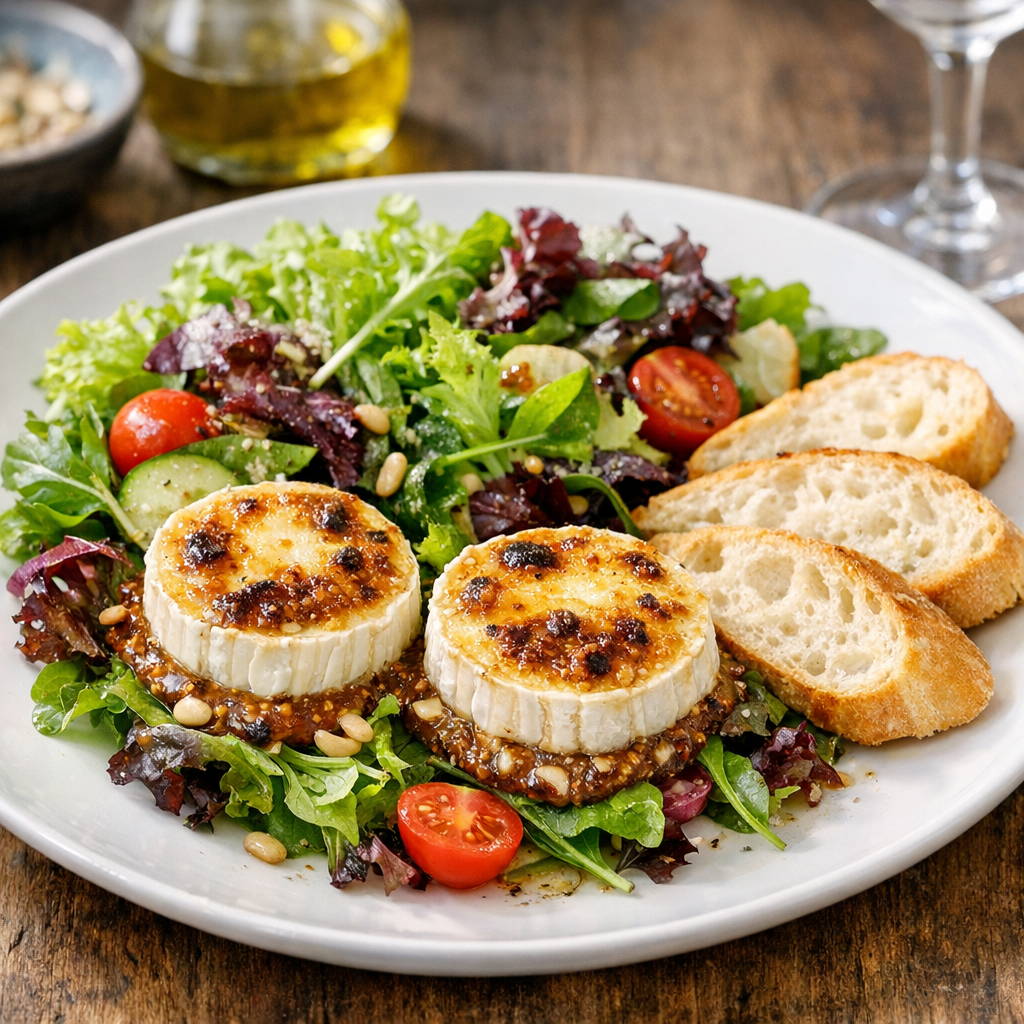 Ziegenkäse mit Feigensenf gratiniert, an Blattsalaten dazu Baguette