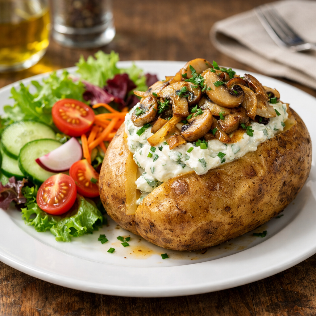 Ofenkartoffel mit Kräuterquark, gebratenen Champignons und Zwiebeln, dazu Salatgarnitur (vegetarisch)