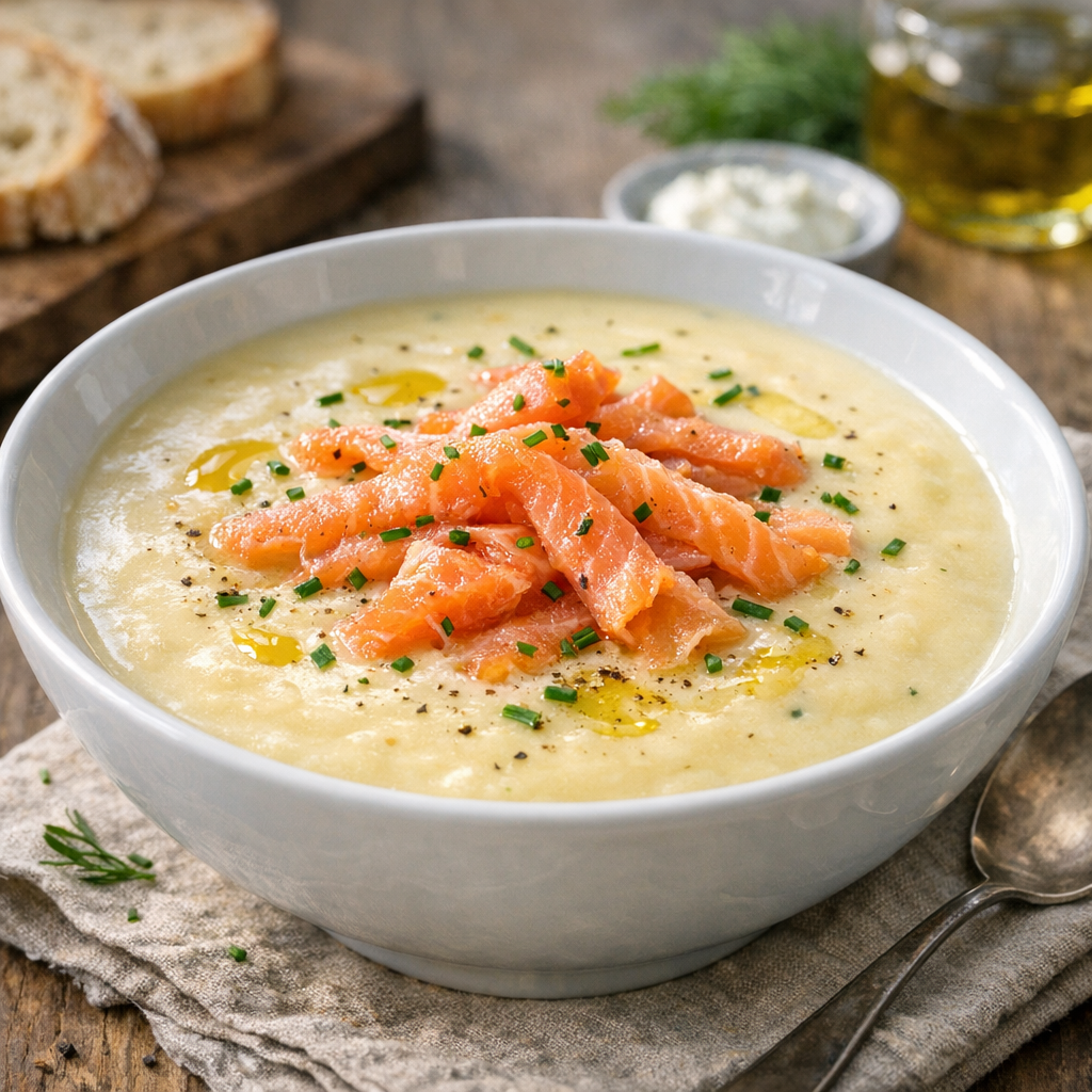 Kartoffelcremesuppe mit Räucherlachsstreifen