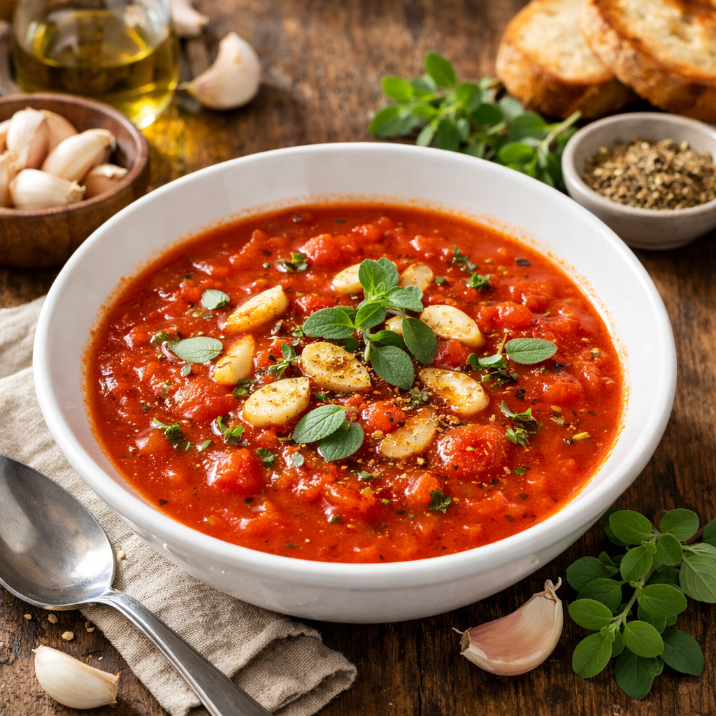 Italienische Tomatensuppe mit Knoblauch und Oregano