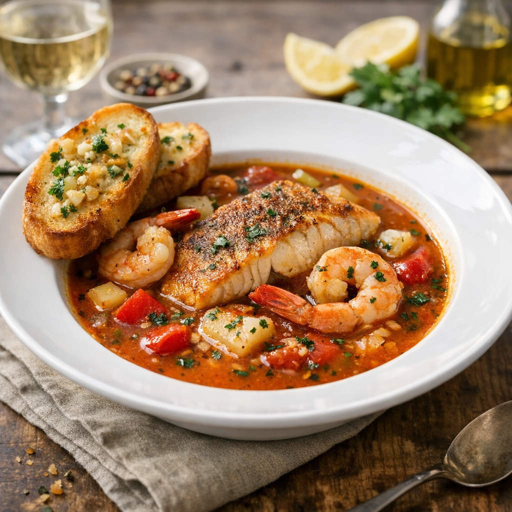 Fischsuppe mit Garnelen, Rotbarschfilet und Knoblauch Crustini